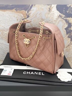 New! Chanel Small Chanel 25 Tan Quilted Caviar Leather Handbag